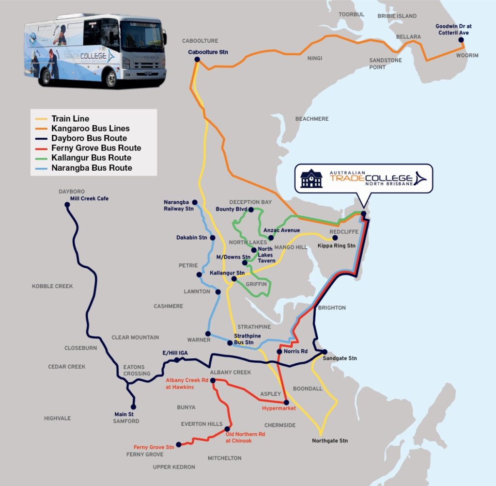 Trade College Bus Map showing the four routes of our college owned bus routes 